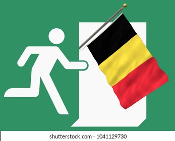 Fleeing to Belgium - 3d-Illustration of an Emergency Sign with flag