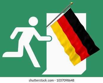 Fleeing to Germany - 3d-Illustration of an Emergency Sign with flag