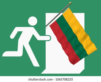 Fleeing to Lithuania - 3d-Illustration of an Emergency Sign with flag