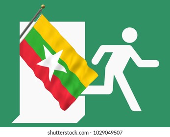 Fleeing from Myanmar - 3d-Illustration of an Emergency Sign with flag
