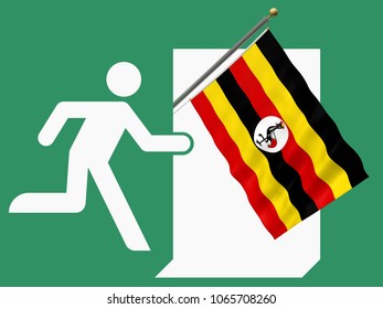 Fleeing to Uganda - 3d-Illustration of an Emergency Sign with flag