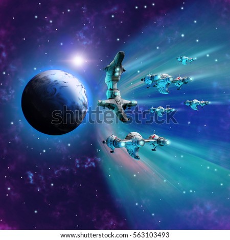 Fleet of alien spacecraft is preparing to invade the earth coming out of hyperspace, 3d illustration