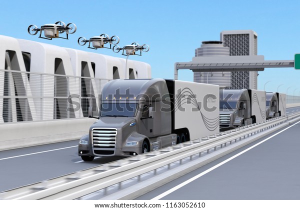 Fleet of\
American Trucks, cargo drones on highway. Logistics and\
transportation concept. 3D rendering\
image.