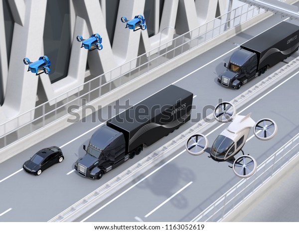 Fleet of\
American Trucks, cargo drones and flying car. Logistics and\
transportation concept. 3D rendering\
image.
