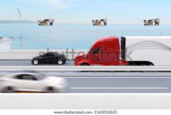 Fleet of\
American Trucks, cargo drones and flying car. Logistics and\
transportation concept. 3D rendering\
image.