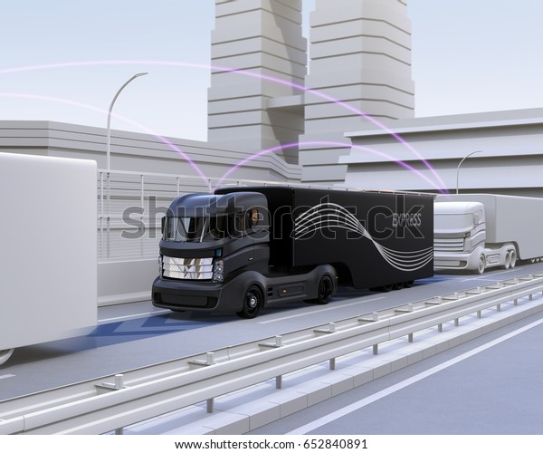 A fleet of autonomous truck\
driving on highway. Connected cars concept. 3D rendering\
image.