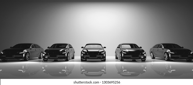 Fleet of black cars on light background. Brandless sedan vehicle, transportation. 3D illustration.