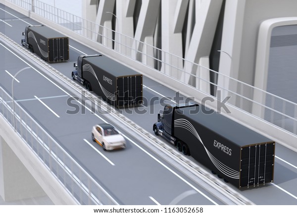 A fleet of black\
self-driving Fuel Cell Powered American Trucks driving on highway.\
3D rendering image.