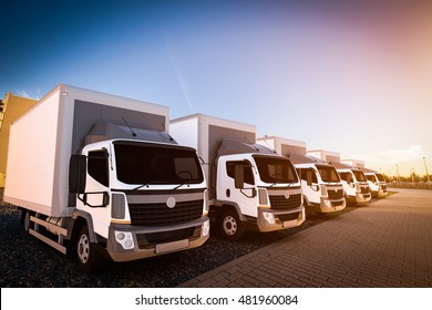 Fleet Of Commercial Delivery Trucks On Cargo Parking. Generic, Brandless Vehicle Design. 3D Rendering