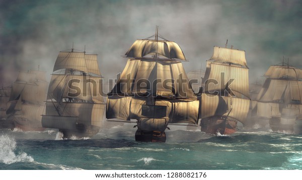 A fleet of heavily armed ships emerges from the\
fog. Led by the massive ship of the line HMS Victory, they create a\
forest of sails in the ocean that disappears into the distance. 3D\
Rendering