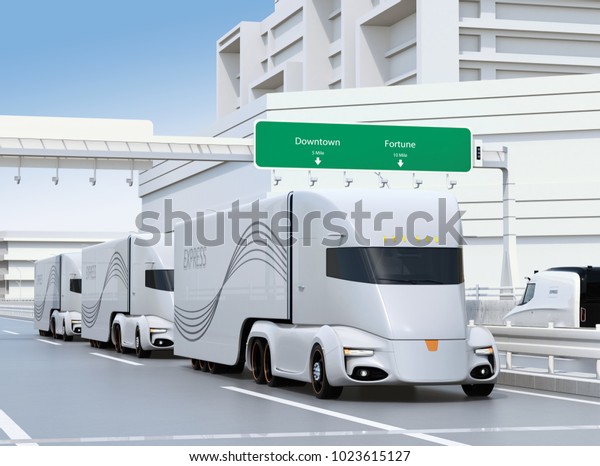 A fleet of self-driving electric semi\
trucks driving on highway. 3D rendering\
image.