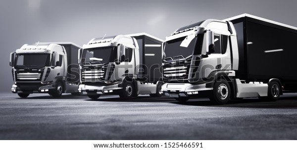 Fleet of trucks with cargo\
trailers in warehouse. Transport, shipping industry. 3D\
illustration