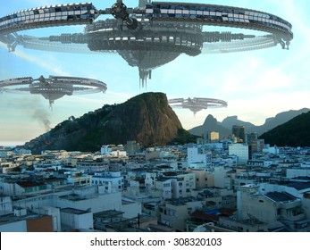 A fleet of unidentified flying objects, above buildings in Rio de Janeiro, Brazil, for futuristic, fantasy, interstellar travel or war-game backgrounds.