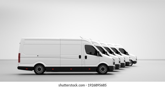 Fleet of van transportation trucks. Transport, shipping industry. 3D illustration