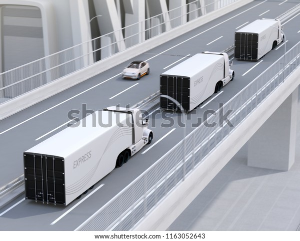 A fleet of white\
self-driving Fuel Cell Powered American Trucks driving on highway.\
3D rendering image.