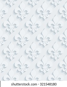 Fleur De Lys 3d Seamless Background. White Perforated Paper With Cut Out Effect. 