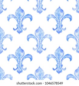 Fleur-de-lys hand drawn watercolor blue ornamen seamless background, boho reeating pattern. Vintage heraldic illustration.