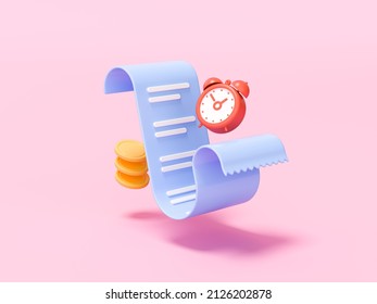 Flexible Bill With Clock And Golden Coins On Pink Background. 3d Render. Financial Metaphor, Revealing The Concept Of Paying Bills And Taxes Of The Season.