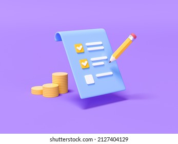 Flexible Paper with checkbox, pancil and golden coins on purple background. business metaphor, revealing the concept of To-do list and task completion. 3d render