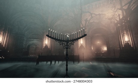 Flickering candlelight illuminates an ancient cavern filled with shadows and mist. Tallstone walls echo the whispers of history as eerie light dances across the space, creating a haunting scene.