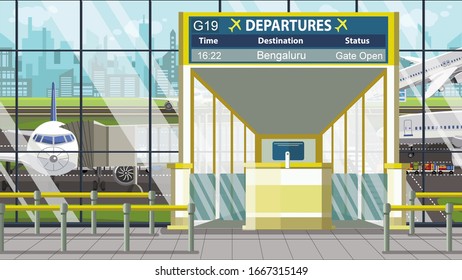 Flight To Bengaluru On Airport Departure Board. Trip To India Cartoon Illustration