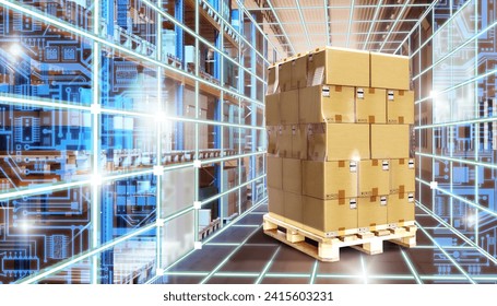 A flight with boxes is projected against the background of the warehouse. Modern warehouse and cargo management.  Interface for cargo management 3D image - Powered by Shutterstock