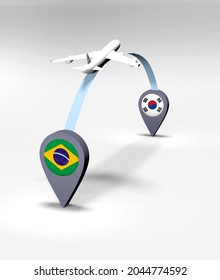 Flight from Brazil to South Korea. Airplane line path. 3D illustration.