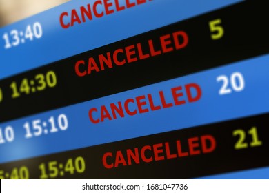 Flight Cancellation. Digital Screen Board Showing Status Flight Cancelled. Information Board With All Flights Cancelled.