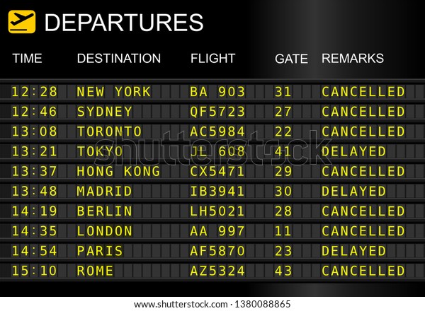 Flight departures board isolated on white\
background. Cancelled and delayed\
flights