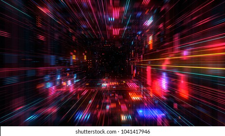 Flight into Abstract 3D cosmic futuristic HUD tunnel for music videos, night clubs, audiovisual show and performance, LED screens and projection mapping. 3D render