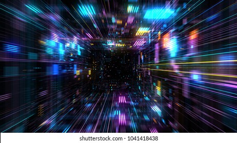 Flight into Abstract 3D cosmic futuristic HUD tunnel for music videos, night clubs, audiovisual show and performance, LED screens and projection mapping. 3D render