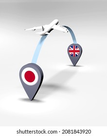 Flight from Japan to United Kingdom. Airplane line path. 3D illustration.