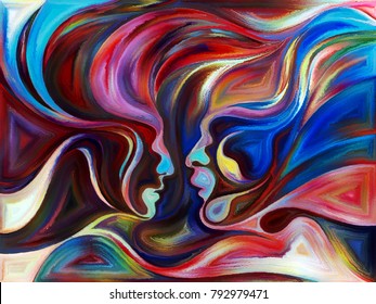 Flight Of Love Series. Interplay Of Painting Of Male And Female Face Profiles With Graceful Curves On The Subject Of Relationships, Passion, Desire And Fate