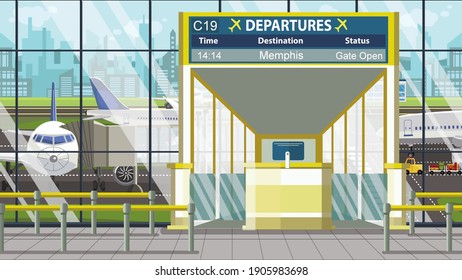 Flight To Memphis On Airport Departure Board. Trip To The United States Cartoon Illustration