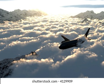 Flight over the clouds in the mountains