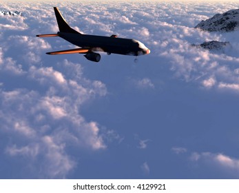 Flight over the clouds in the mountains