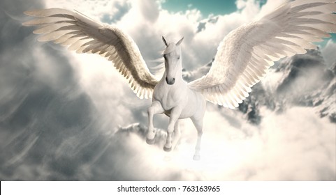 Полет Пегаса. Величественная лошадь Pegasus, летящая высоко над облаками и снегом вершины гор. 3d рендеринг