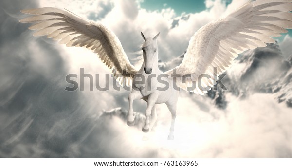 Flight of the Pegasus. Majestic Pegasus horse flying high above the clouds and snow peaked mountains. 3d rendering