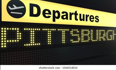 Flight To Pittsburgh On International Airport Departures Board. Travelling To The United States Conceptual 3D Rendering