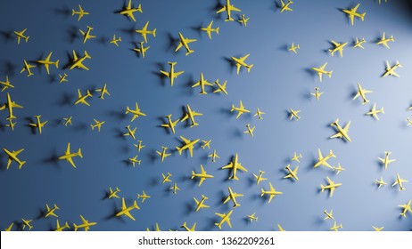 Flight Radar On Blue Background. Yellow Airplanes. 3d Illustration