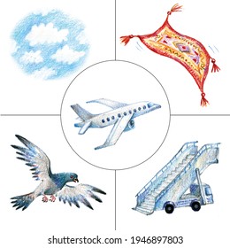 Flight set. A set for logic associations studying. Airplane in center and around objects that are logically related to the concept of 