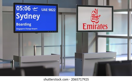 Flight From Singapore To Sydney, Airport Terminal Gate. Editorial  3D Rendering