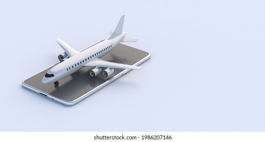 Flight Smartphone App, Online Travel Ticket Booking And Checkin Concept. White Airplane On Mobile Phone Isolated On Light Blue Background. 3d Illustration