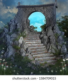 Flight Of Stairs Leading To A Magic Gateway At Evening Time – 3D Illustration