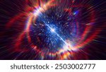 Flight to the stars at the speed of light. Portal for hyperspace jump. Colorful glowing cosmic background. Hyper Speed teleport. Time warp. Space traveling. Explosion in universe. Big bang. 3d render