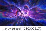 Flight to the stars at the speed of light. Portal for hyperspace jump. Colorful glowing cosmic background. Hyper Speed teleport. Time warp. Space traveling. Explosion in universe. Big bang. 3d render