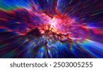 Flight to the stars at the speed of light. Portal for hyperspace jump. Colorful glowing cosmic background. Hyper Speed teleport. Time warp. Space traveling. Explosion in universe. Big bang. 3d render