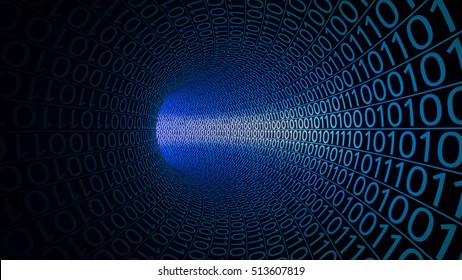 Flight Through Abstract Blue Tunnel Made With Zeros And Ones. Modern Background. Computers, Binary Data Transfer, Digital Technologies Concepts. 3D Rendering