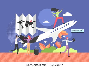 Flight Tour, Travel By Air Flat Illustration. Micro Male And Female Characters Holding Huge Route Map With Location Pin Planning Flight, Standing On Airplane, Running With Suitcase And Passport