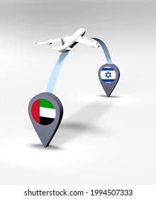 Flight from UAE to Israel. Airplane line path. 3D illustration.